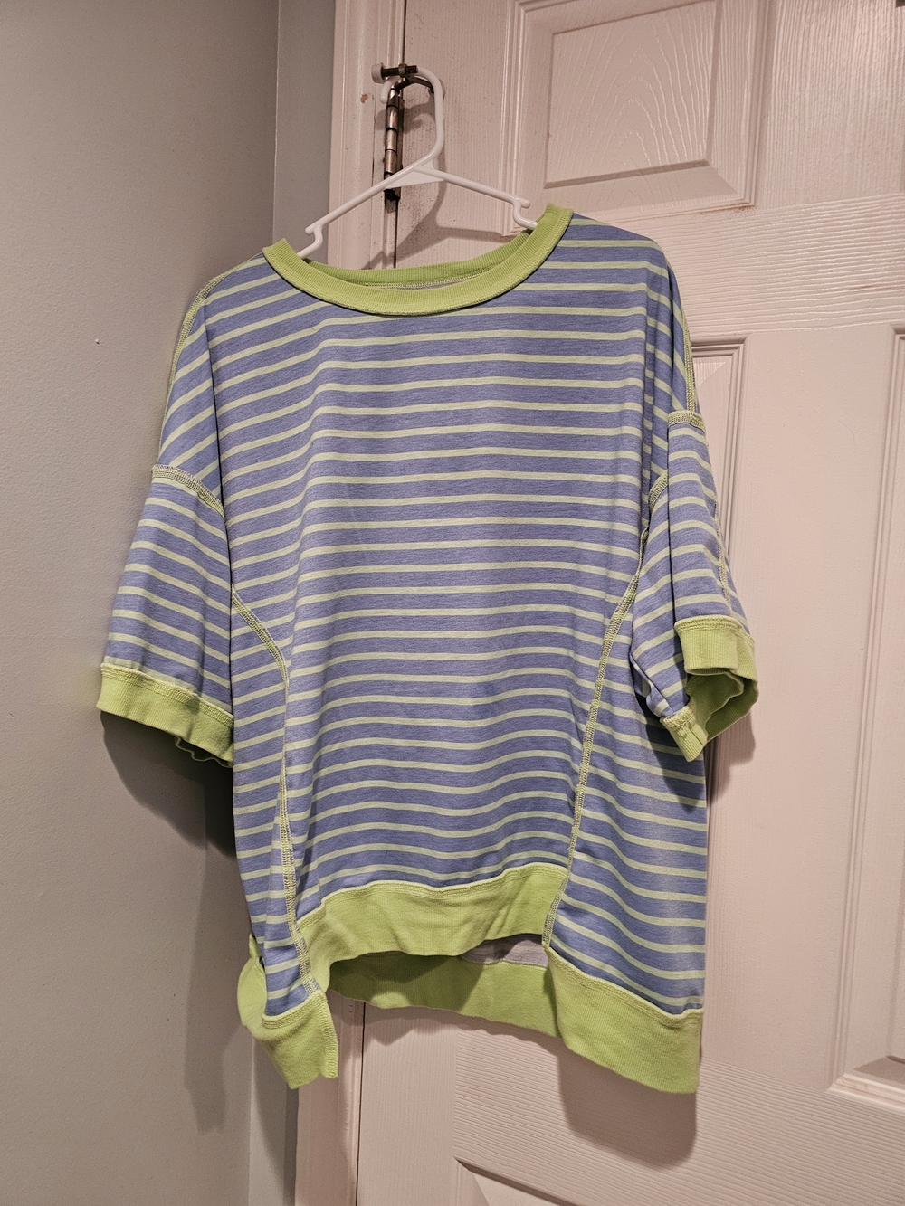 Women's Striped Short-Sleeve Top in Aqua Blue & Lime